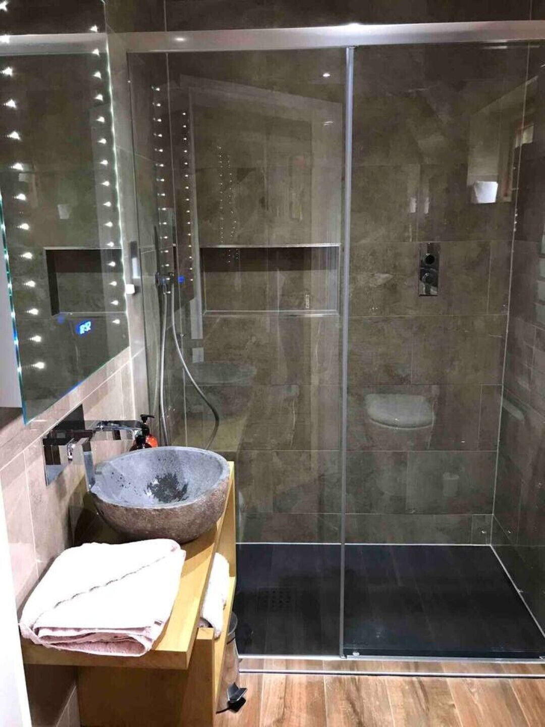 Hair dryer, towels, soap, toilet paper