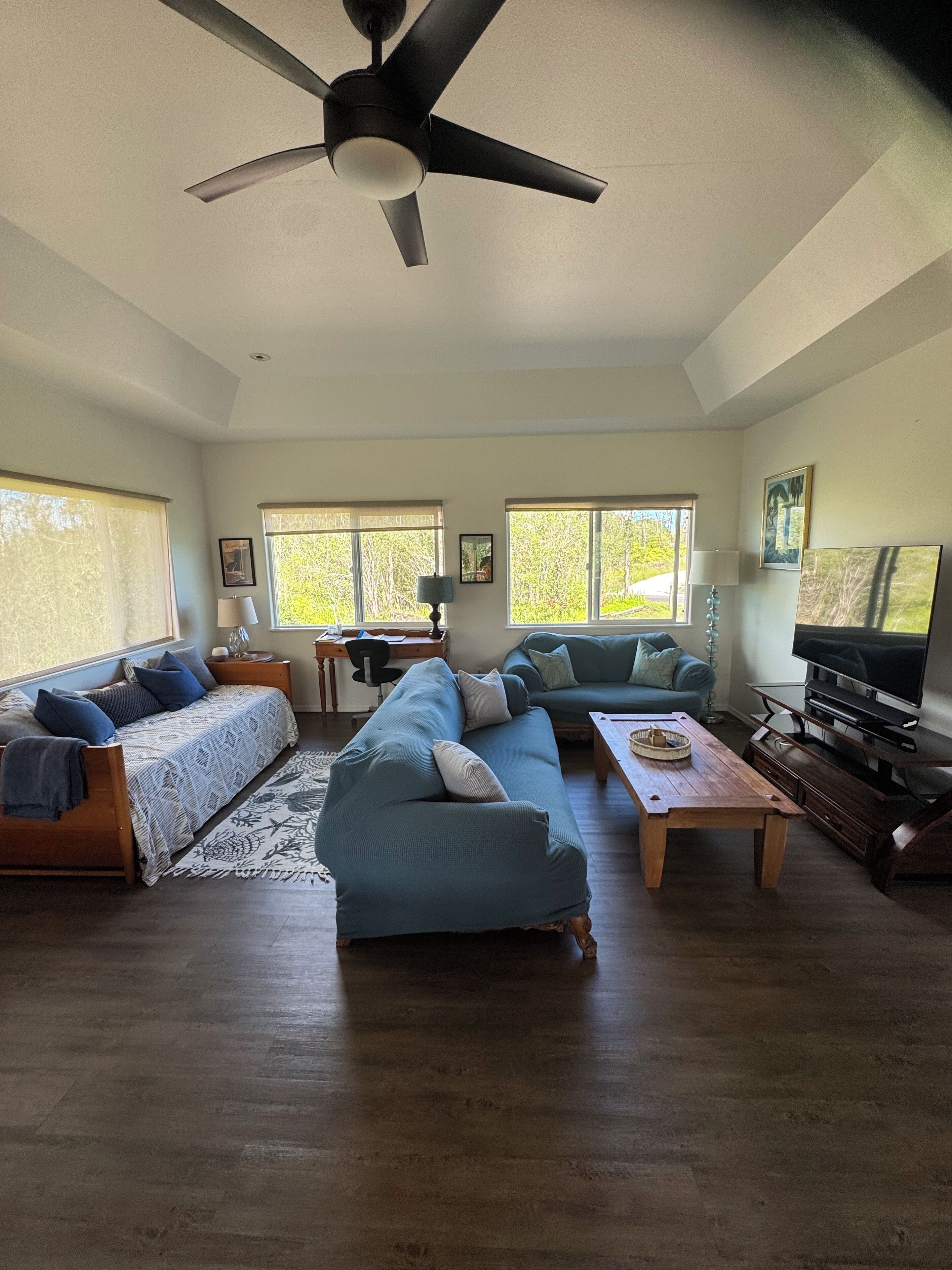 Smart-TV, bøker og stereoanlegg