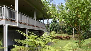 A house with a covered porch, a staircase leading to the upper floor, and a lush garden with ferns and trees. - Come & stay with us at the beautiful & peaceful Bird's Nest (Keaau)
