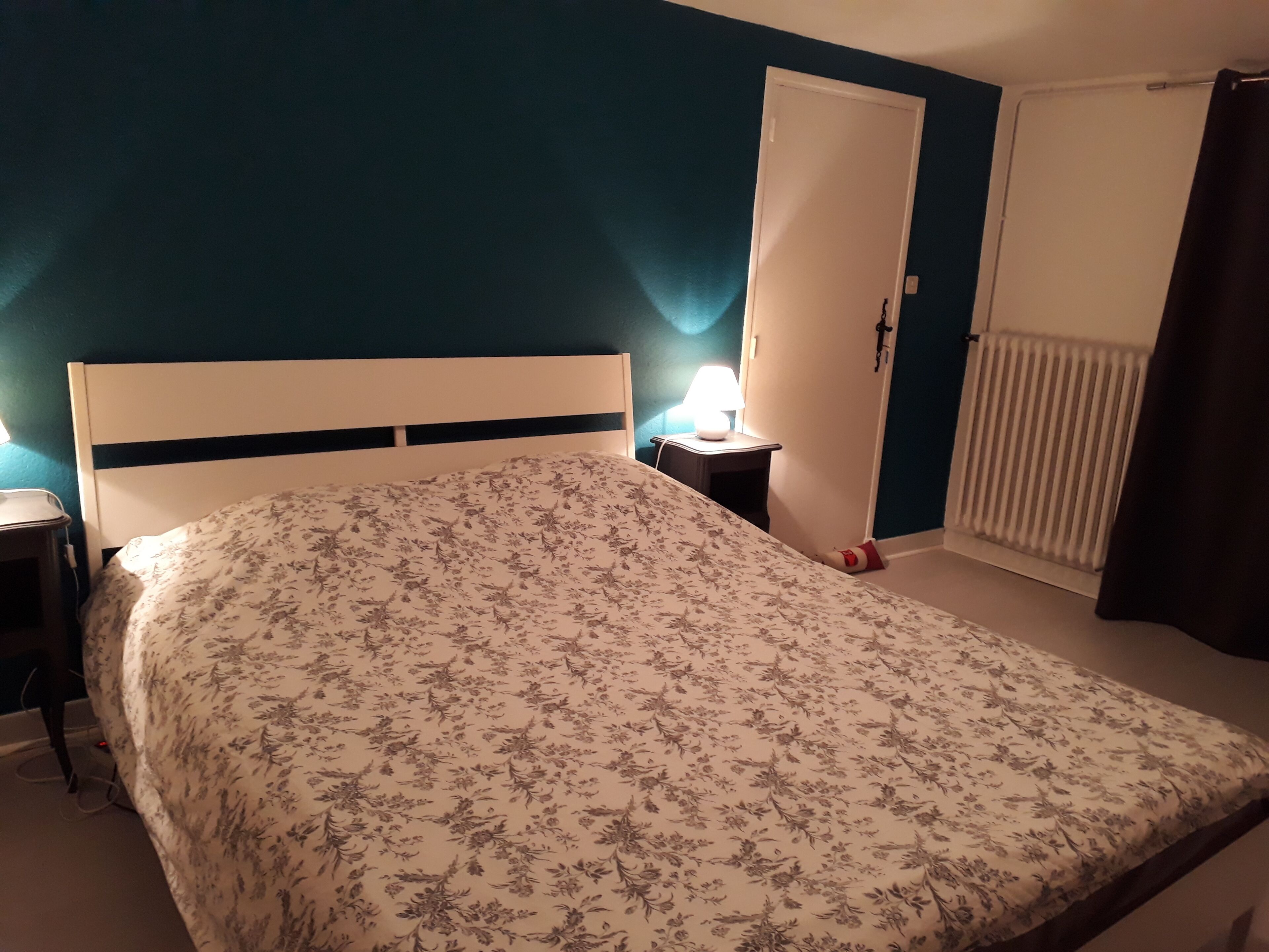 A bedroom with a bed, a nightstand, a lamp, a door, and a radiator.