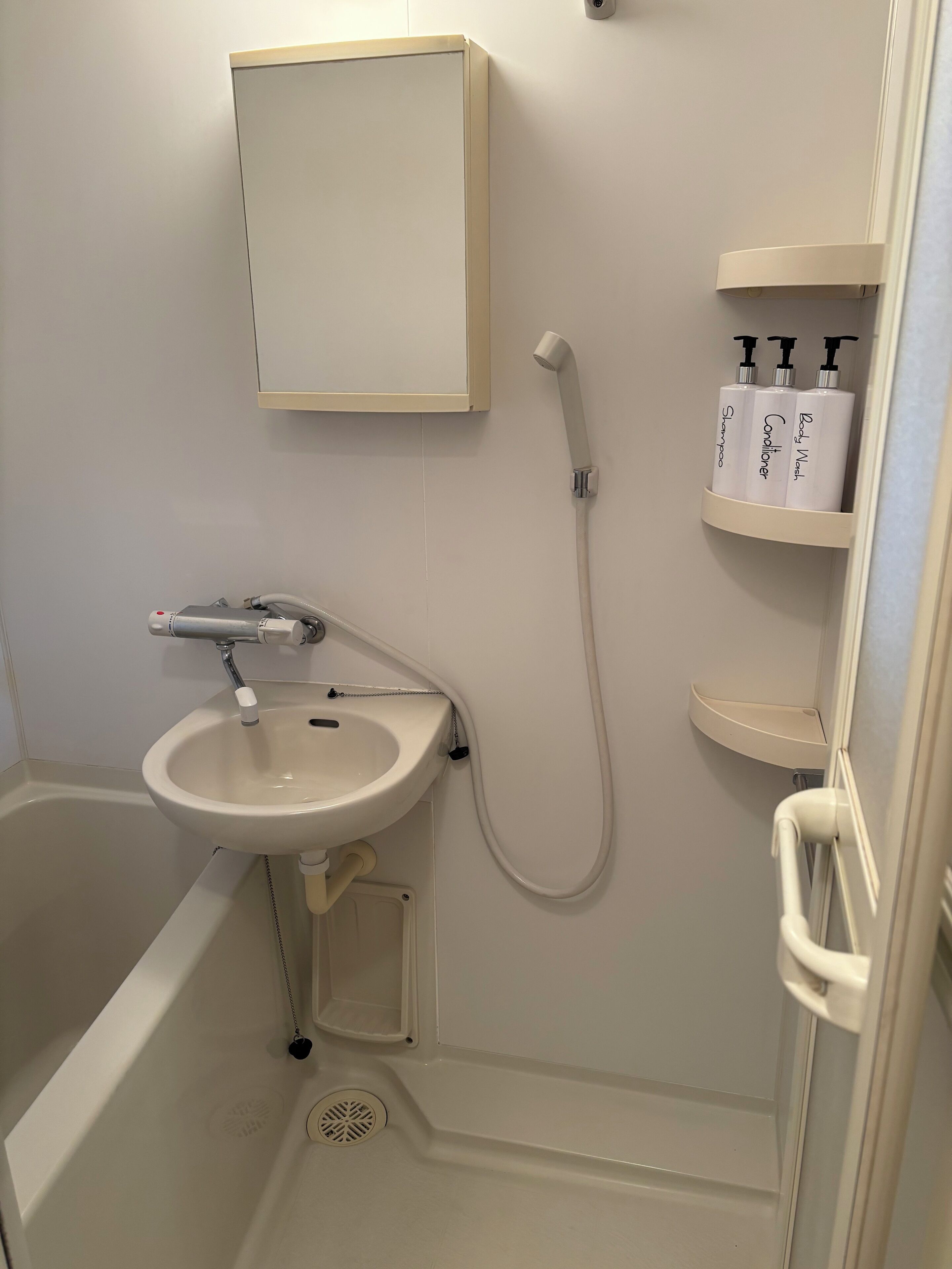 Un baño con un lavamanos blanco, un cabezal de ducha de mano y un estante con tres botellas de champú, acondicionador y gel de baño.
