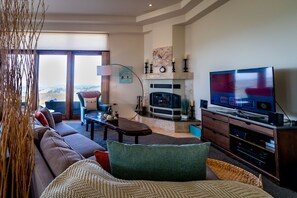 Smart TV, chimenea, reproductor de DVD y libros 