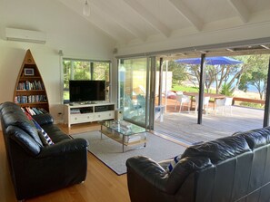 Smart TV, DVD player, books, music library