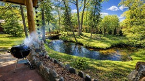 Ein Grill mit Zubehör in der Nähe eines Teiches mit einer Holzbrücke in einem üppigen, grünen Park.