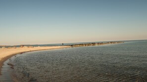 En la playa y camastros 