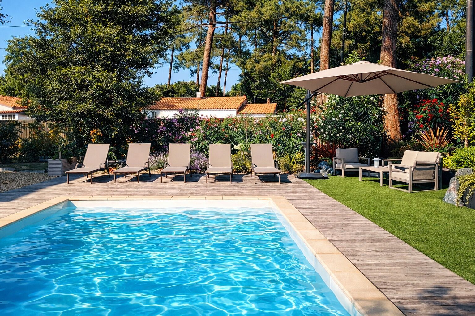 Piscina com espreguiçadeiras e guarda-sol, rodeada por vegetação e árvores.