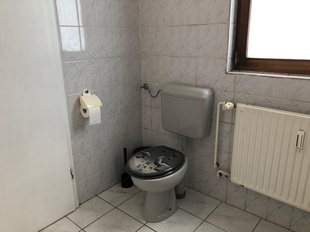 Et lille badeværelse med toilet, toiletpapirholder og radiator.