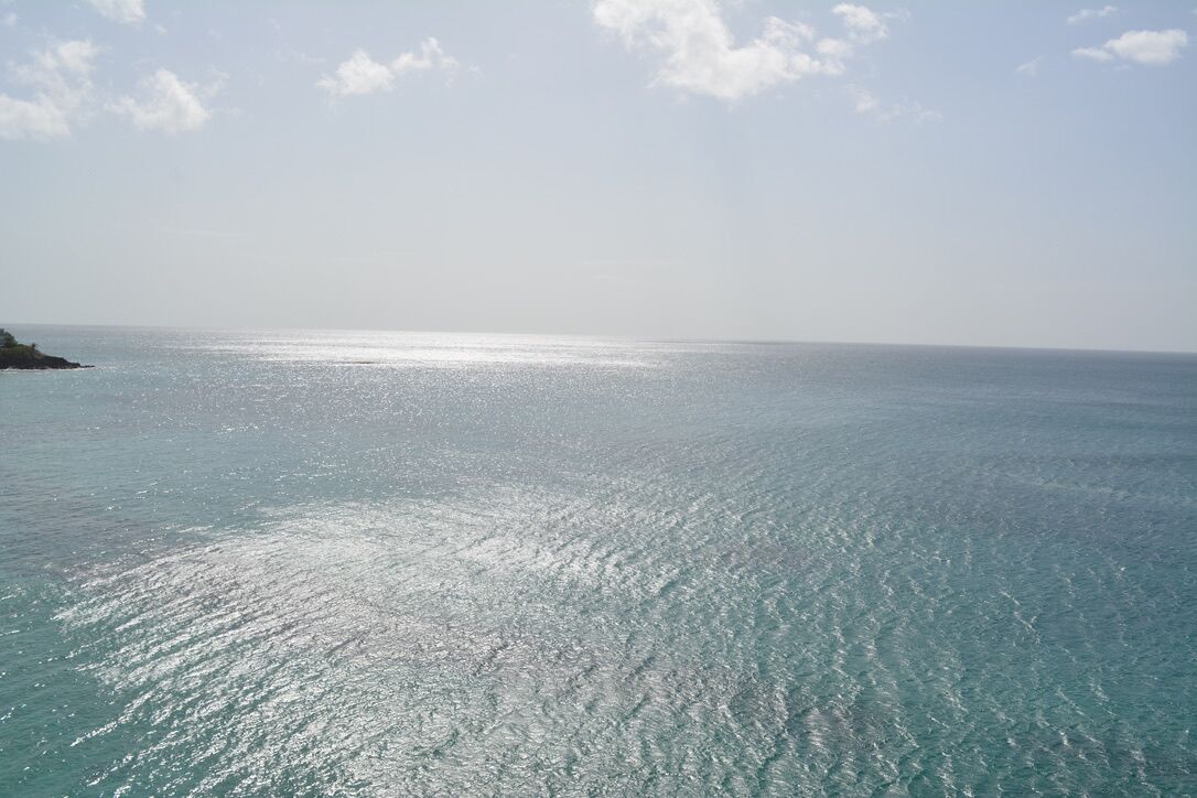 A wide view of a calm sea under a clear sky.