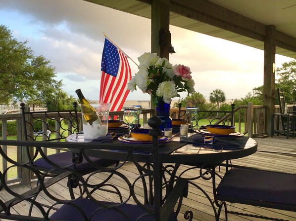 Outdoor dining - Beautiful Calcasieu Lake Views from Old Settlement in Big Lake, Louisiana  (Lake Charles)