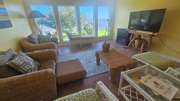 Una Smart TV, una chimenea, libros, una pantalla de ordenador