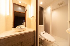 Un baño moderno con lavamanos, espejo e inodoro.