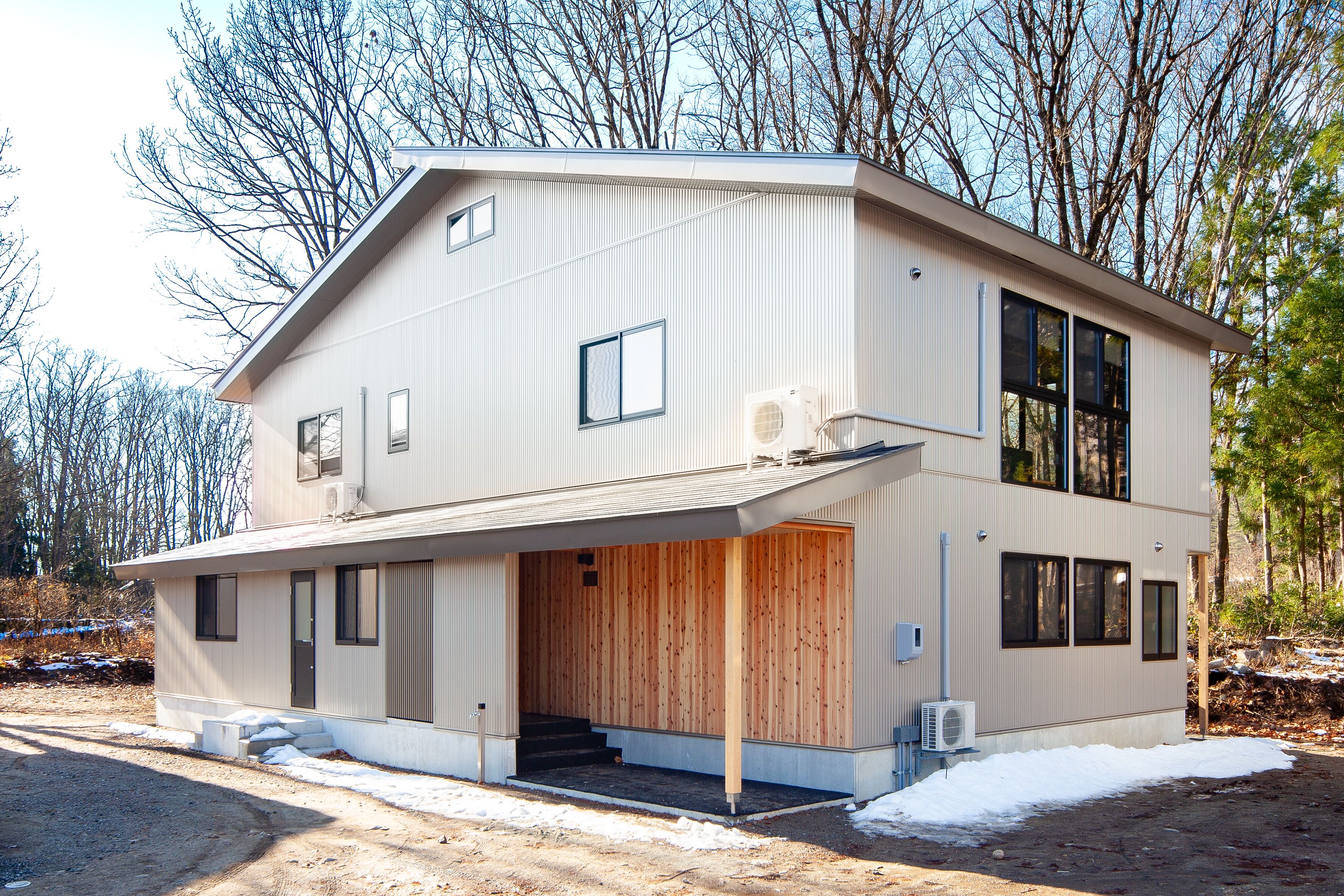 A modern two-story house with a covered garage and a wooden door.