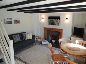 TV, caminetto, lettore DVD, libri