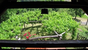 Vista de un viñedo desde una terraza de madera con barandilla de metal.