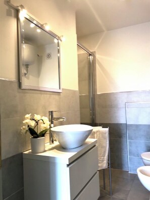 Douche, séchoir à cheveux, serviettes fournies, shampooing