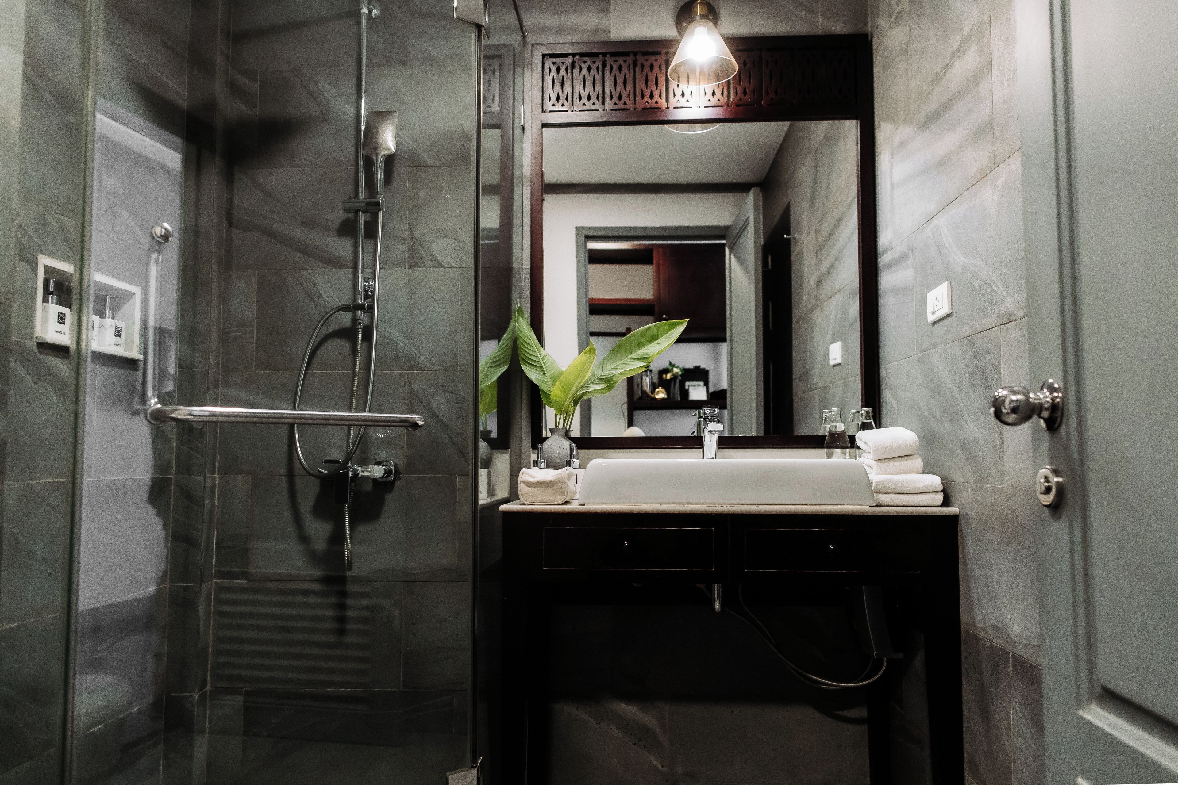 A modern bathroom with a glass shower enclosure, a sink with a mirror above, and a potted plant.