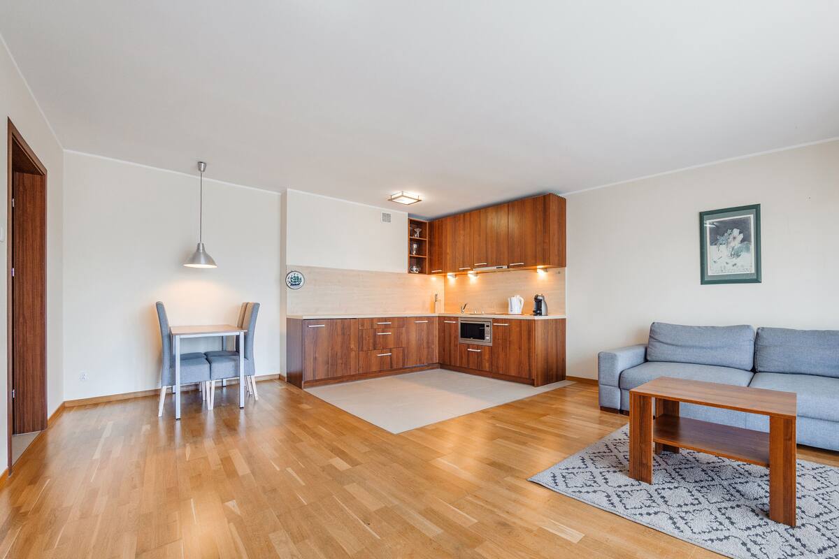 A modern apartment with a kitchen, dining area, and living room.