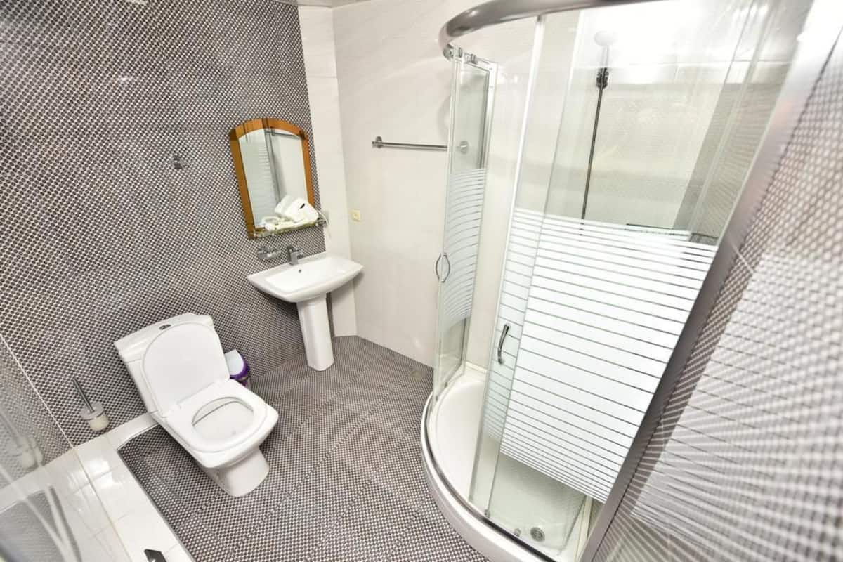 Shower, free toiletries, hair dryer, slippers