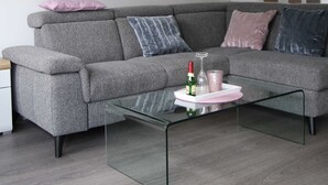 A modern living room with a grey sofa, a glass coffee table, and a forest-themed painting on the wall. - *öddeker, Lidia und Dieter GM 69137 - Holiday apartment in the coastal forest - Baltic Sea SNR: (Gelbensande)