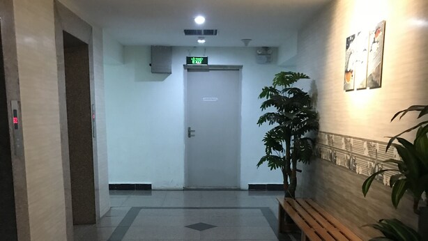 A hallway with a bench, a potted plant, and a door with an exit sign. - Nhimhouse   Hanoi... (Thanh Xuân)
