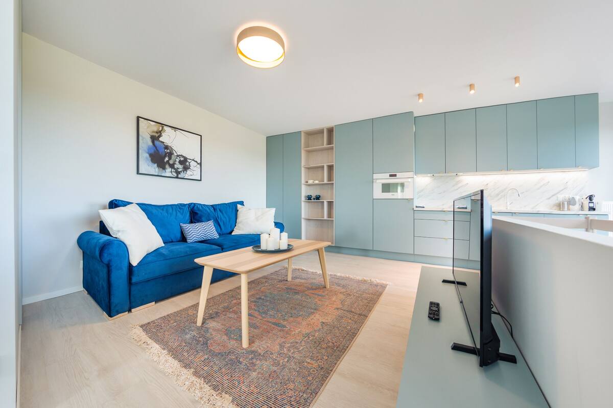A modern living room with a blue sofa, a wooden coffee table, and a patterned rug.
