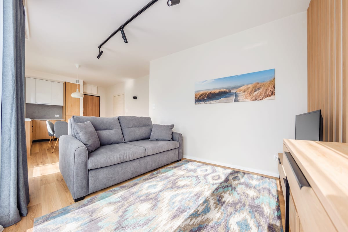 A modern living room with a grey sofa, a patterned rug, a wooden TV stand, and a painting of a beach scene on the wall.