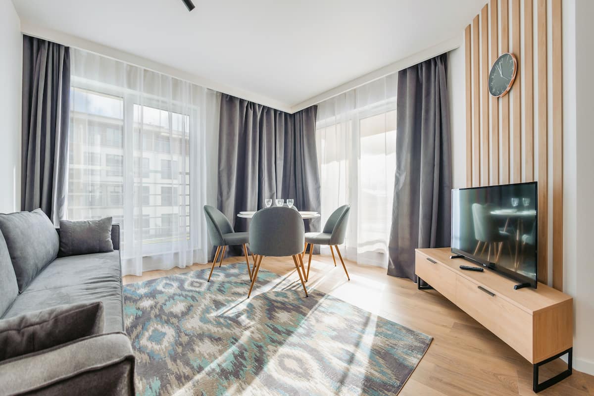 A modern living room with a sofa, dining table, chairs, a TV, and a patterned rug.