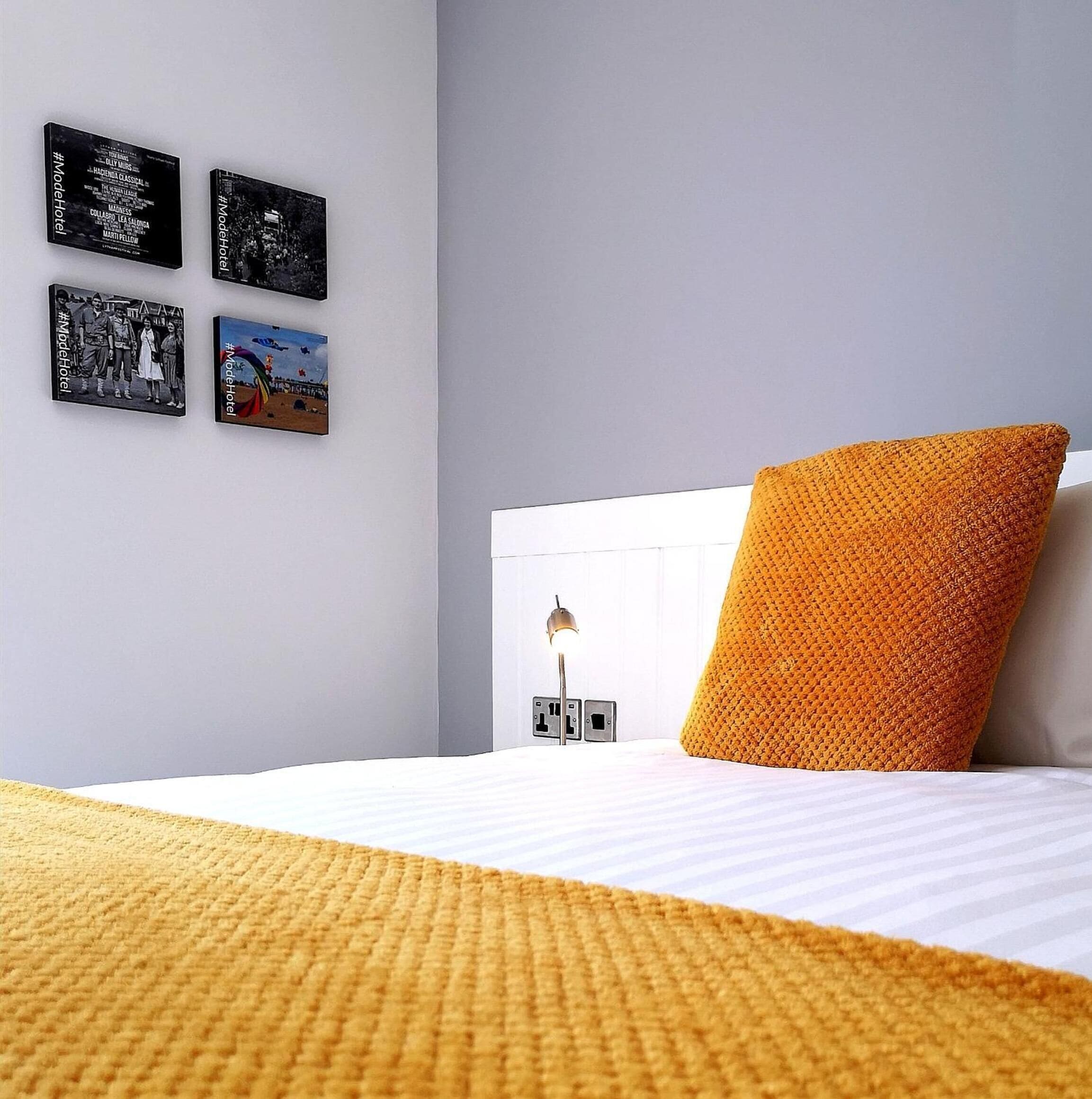 premium bedding, desk, laptop workspace, blackout curtains