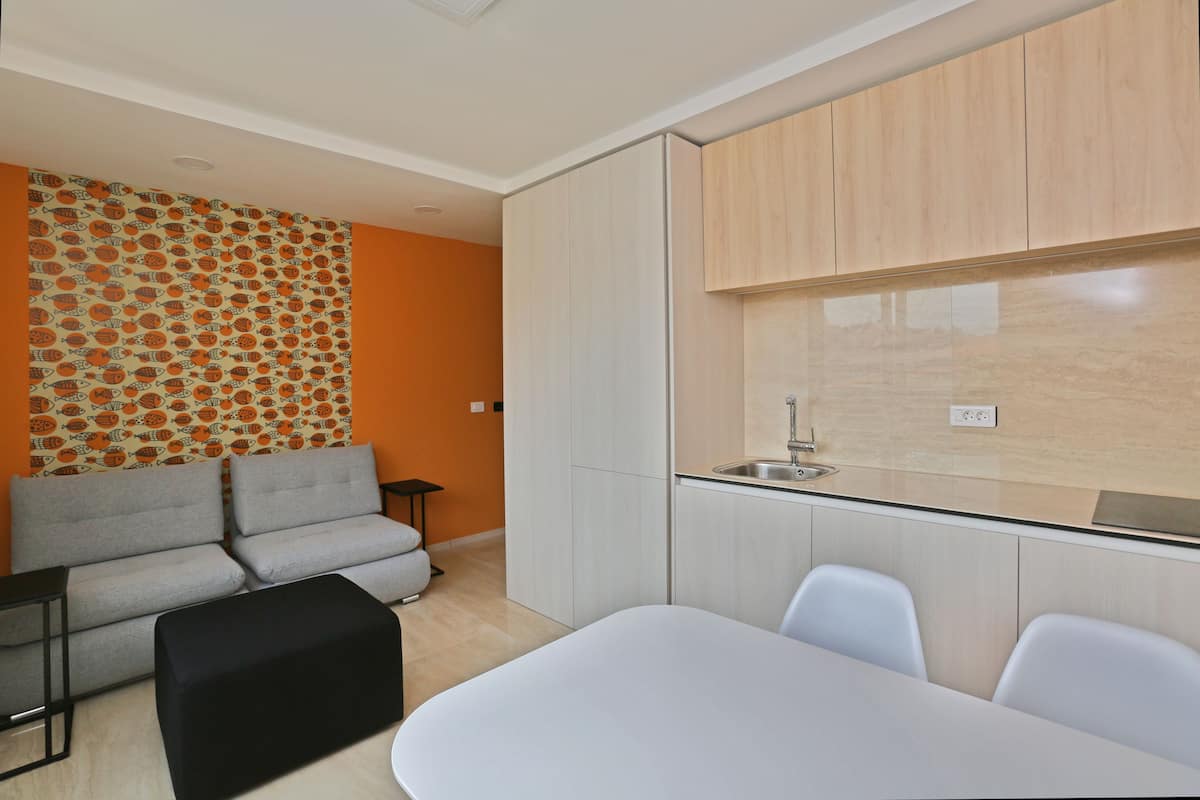 Apartamento Confort, terraza | Sala de estar | Una televisión de pantalla plana