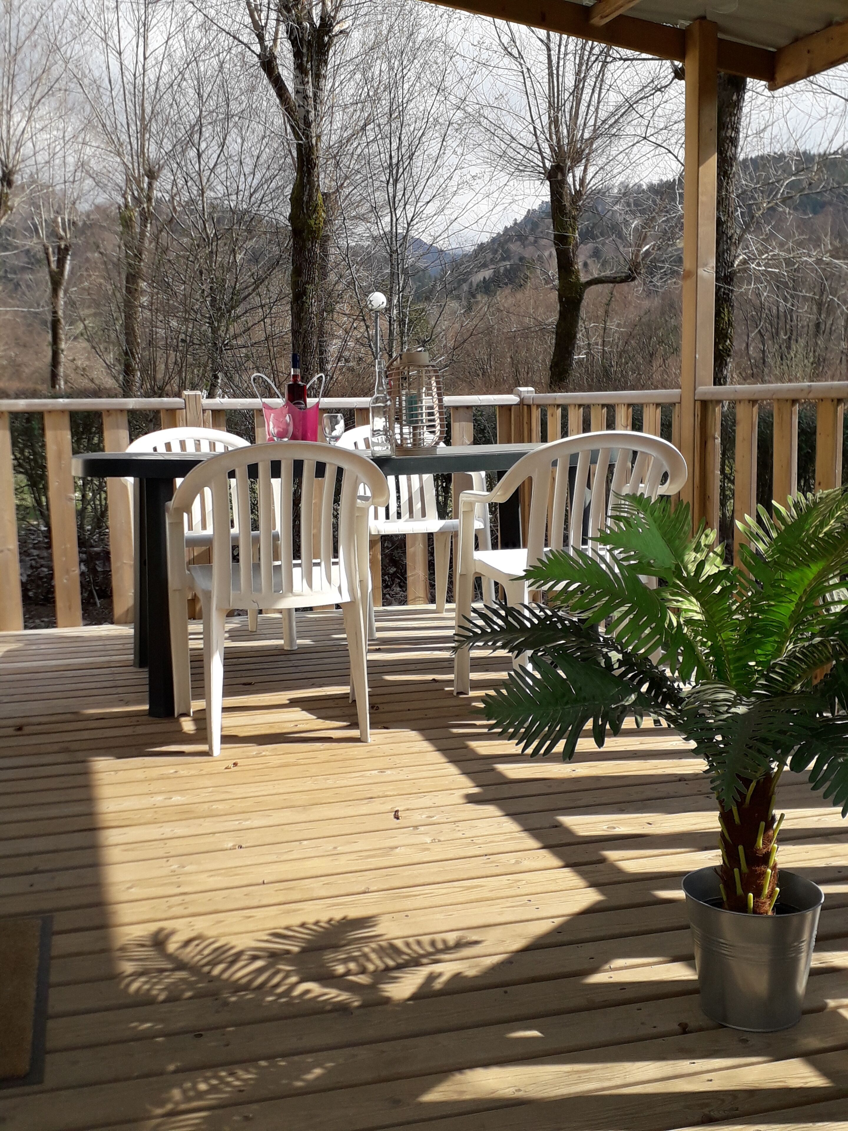 A wooden deck with a table and chairs, surrounded by a wooden railing, and a potted plant.