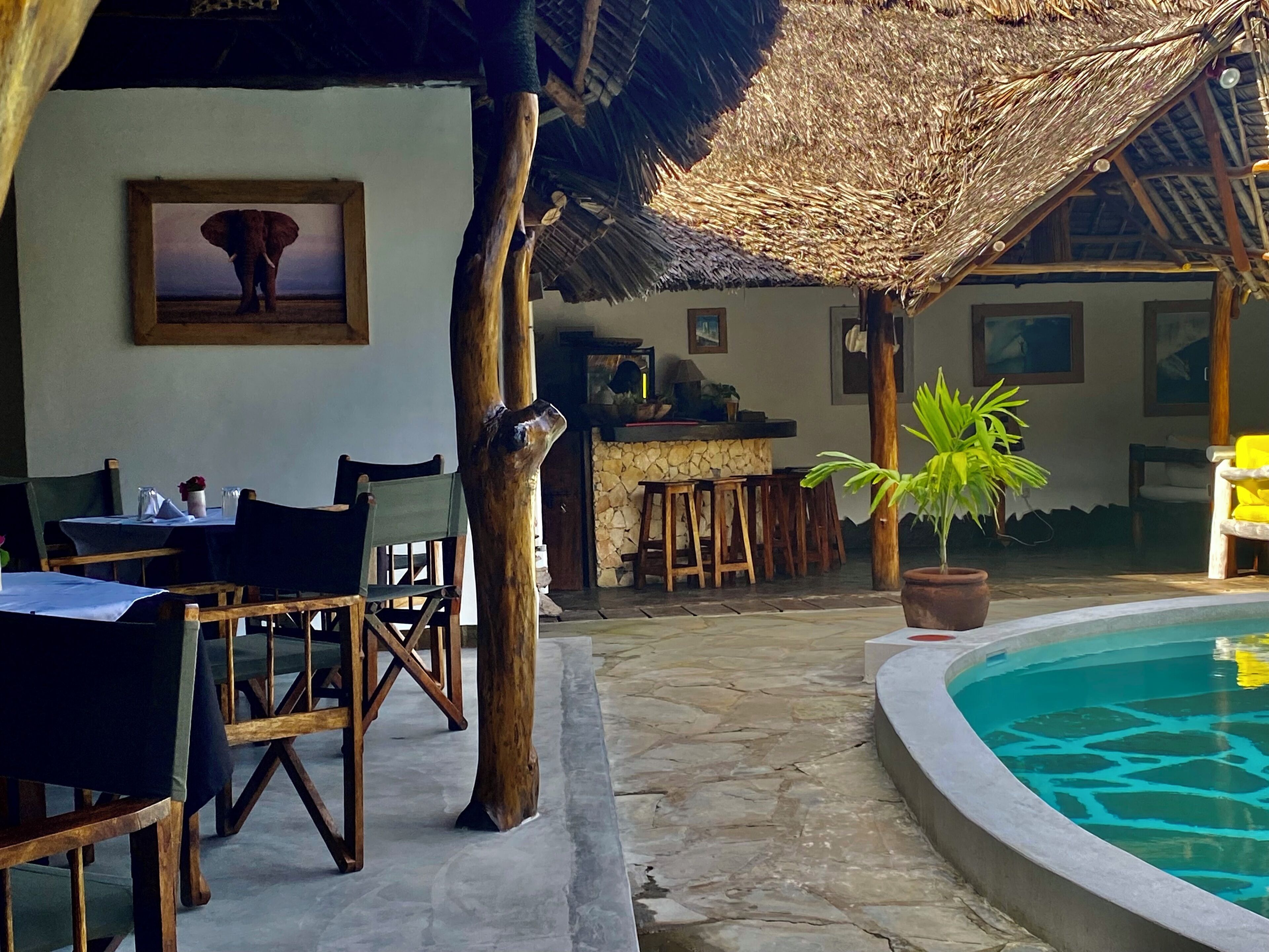 Un área de comedor al aire libre con mesas y sillas de madera, techo de paja, piscina y zona de bar.