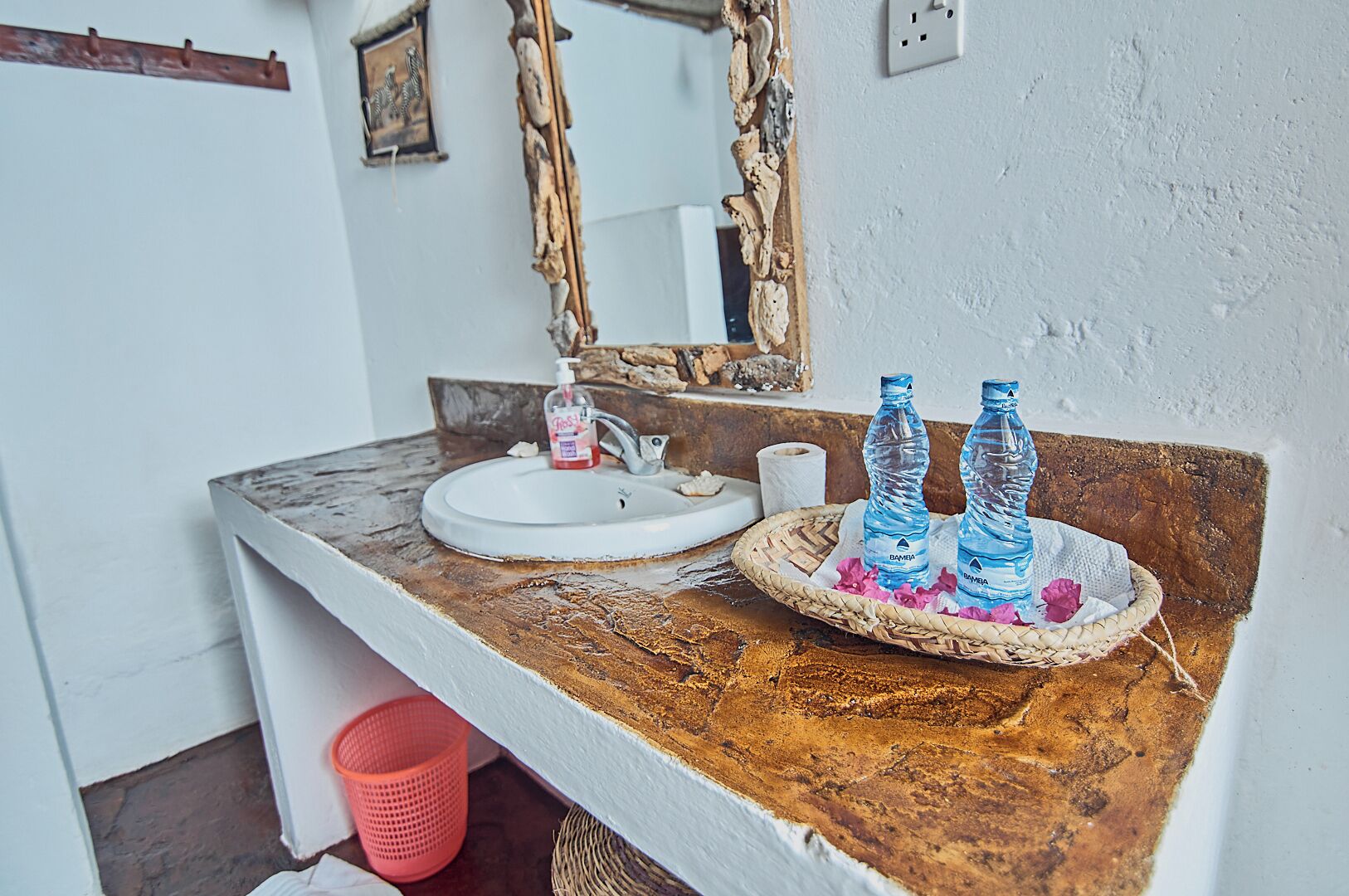 Une salle de bain avec un comptoir en bois rustique, un lavabo blanc et un miroir. On y trouve deux bouteilles d’eau et un petit flacon de savon sur le comptoir.