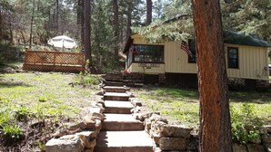 Un chalet rustique avec un escalier en pierre menant à une terrasse en bois, le tout entouré de grands pins.