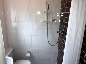 Shower, eco-friendly toiletries, hair dryer, towels