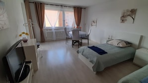 Une chambre d’hôtel avec un lit, un bureau, une chaise, une télévision et un radiateur.