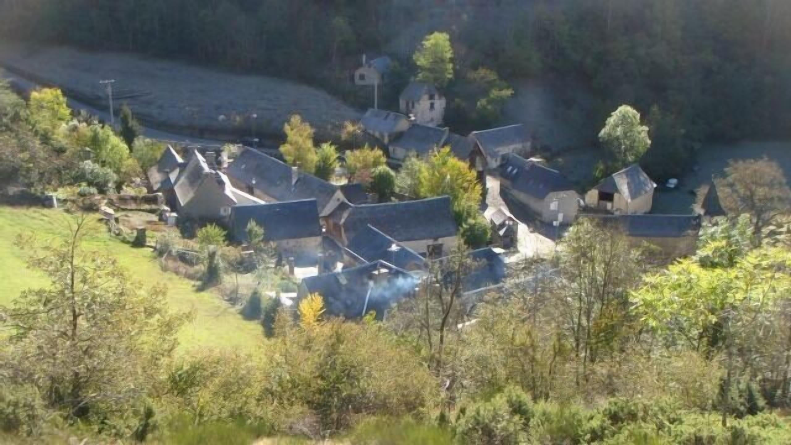A cluster of traditional houses with steep roofs, surrounded by dense greenery and a hilly landscape.