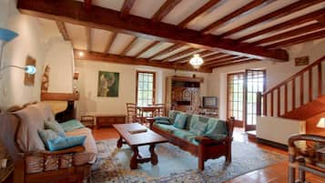 Una Smart TV, una chimenea, un reproductor de DVD, libros