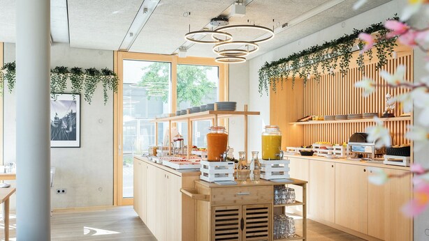 A modern kitchen with wooden cabinets, a central island with a sink, and a hanging plant. - Hotel Bergamo (Ludwigsburg)