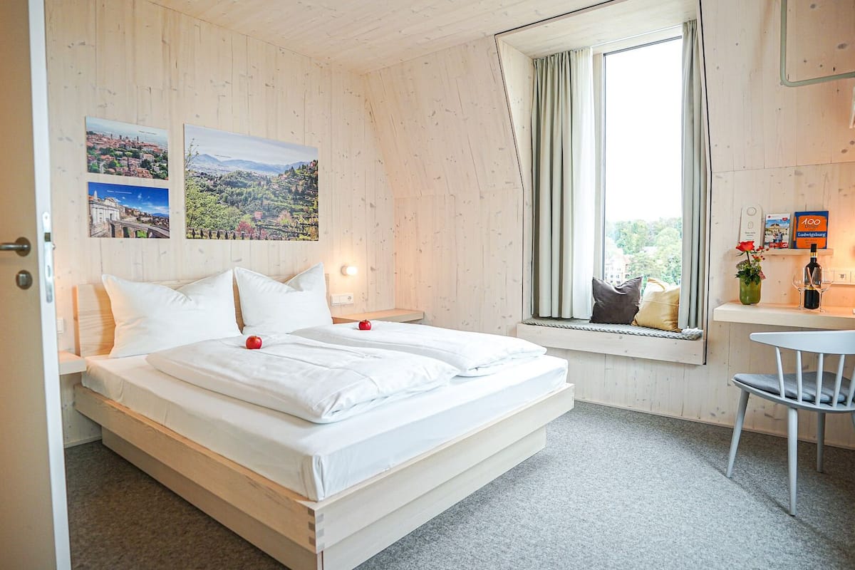 double room | hypo-allergenic bedding, desk, laptop workspace, blackout curtains