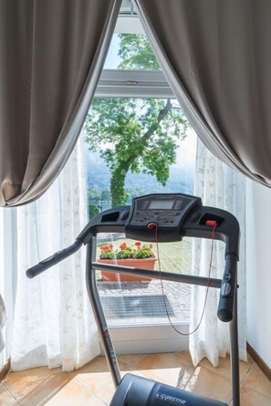 A treadmill in a room with a view of a garden through a window. - Bluelake Inn - Ostello (Olginate)