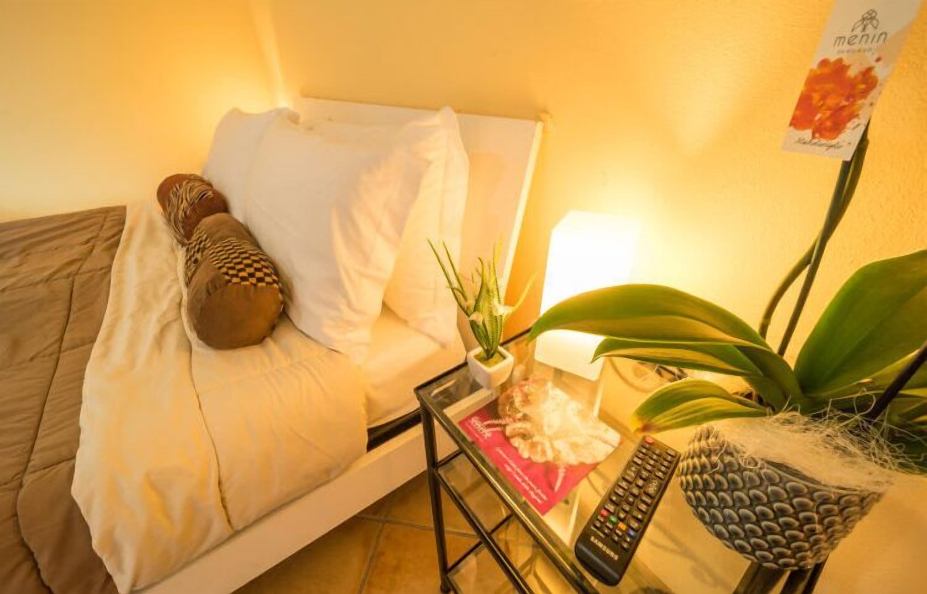 Una cama con almohadas, un control remoto, un libro y una planta sobre una mesita de noche.