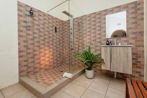 Un baño con ducha, lavamanos y una planta en maceta.
