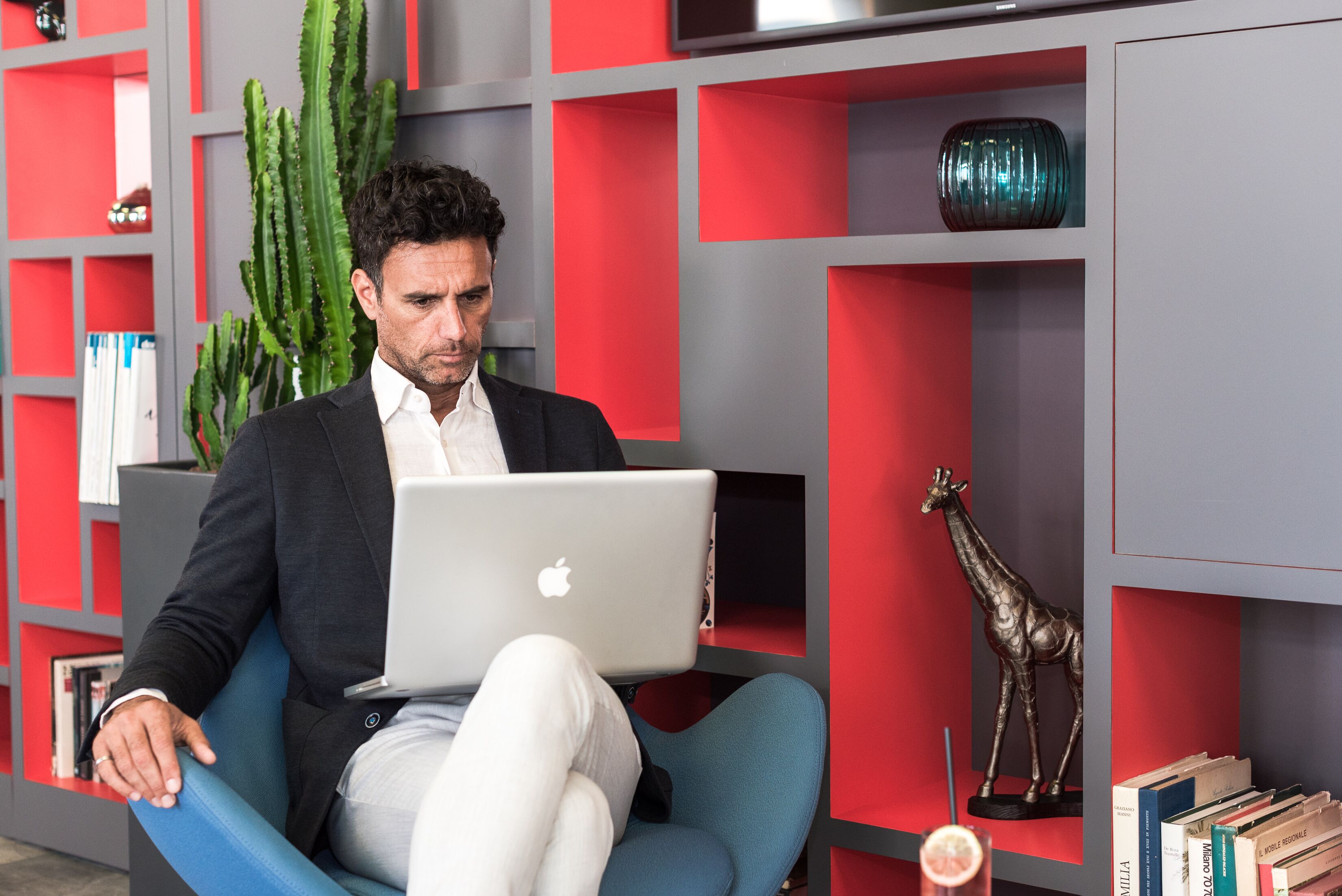 A person seated on a blue chair with a laptop, surrounded by bookshelves with red and grey panels, a cactus plant, and a giraffe statue.