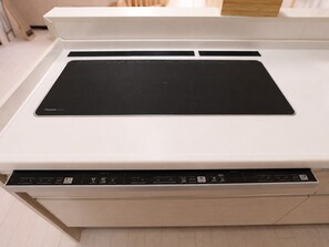 A white kitchen with a black induction cooktop and a dishwasher below.