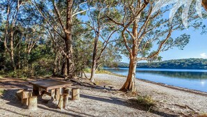 Ein Picknicktisch mit Bänken, darunter eine Bank mit Rückenlehne, umgeben von Bäumen und einem See.