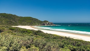 A beach with clear turquoise waters, a sandy shore, and a forested hill in the background. - Ningaloo - Boomerang Beach (Boomerang Beach)