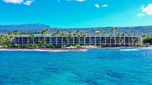 A beachfront hotel with multiple floors, palm trees, and a view of the ocean and distant mountains. - Loft Style Completely Remodeled Condo (Kailua-Kona)