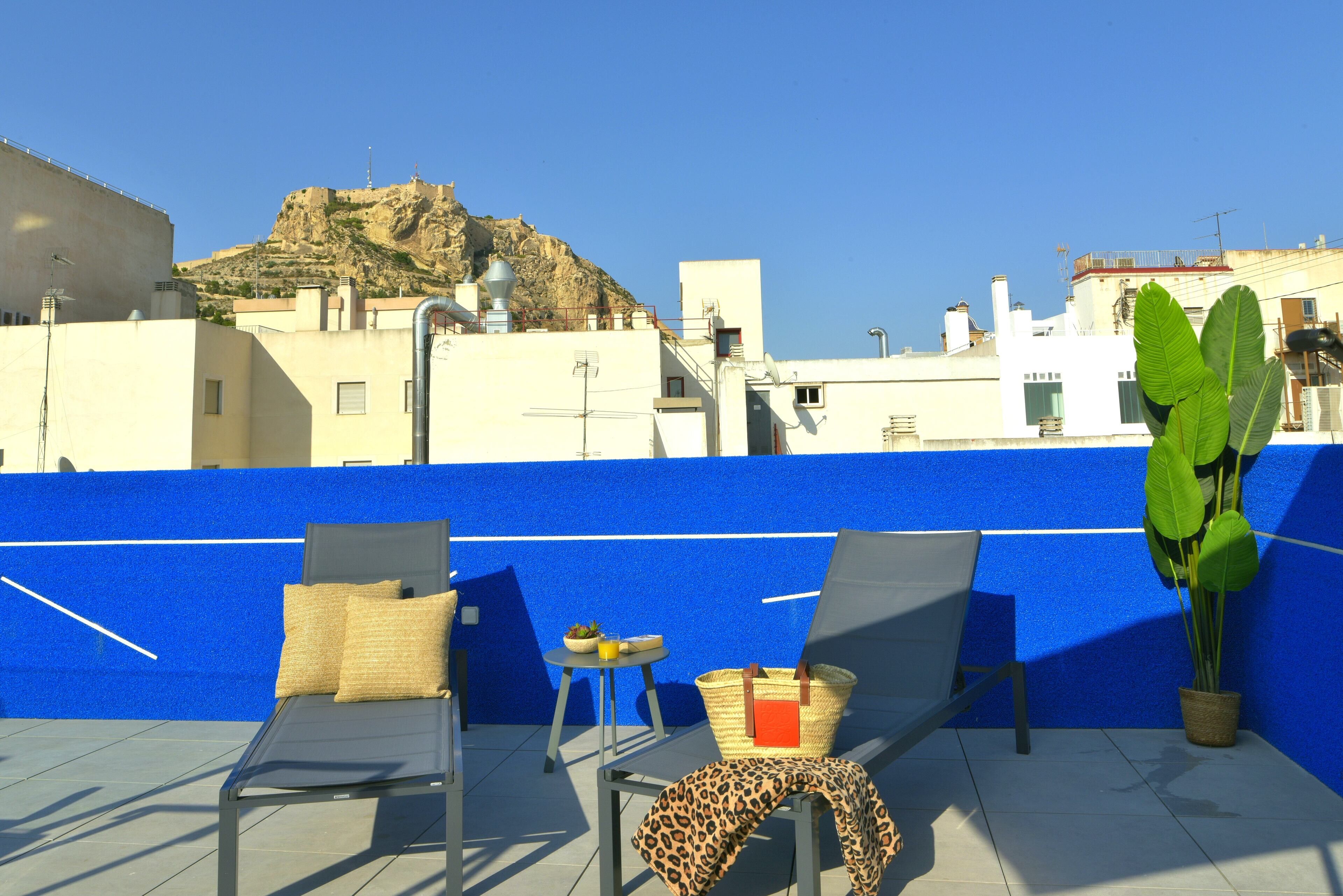 A rooftop terrace with two lounge chairs, a small table, and a potted plant.