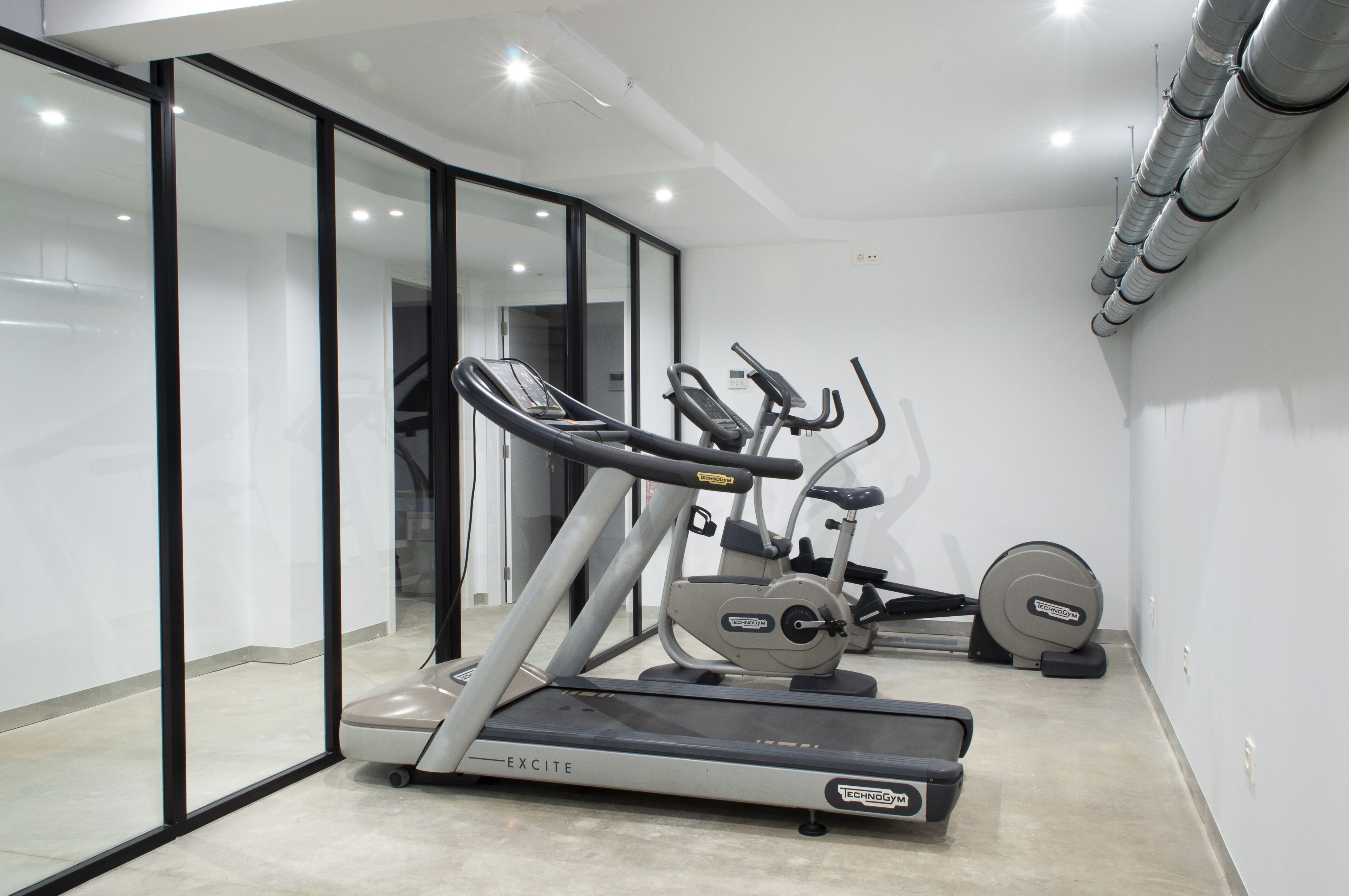 Une salle de sport moderne pour la maison, équipée d’un tapis de course, d’un vélo elliptique et d’un vélo d’appartement.
