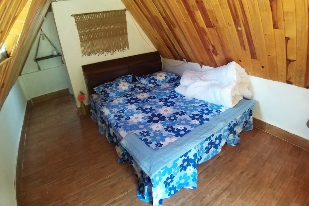 A small, cozy attic bedroom with a sloped ceiling, a wooden bed frame, and a blue floral bedspread.